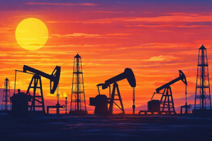 Operasi pengeboran minyak saat matahari terbenam