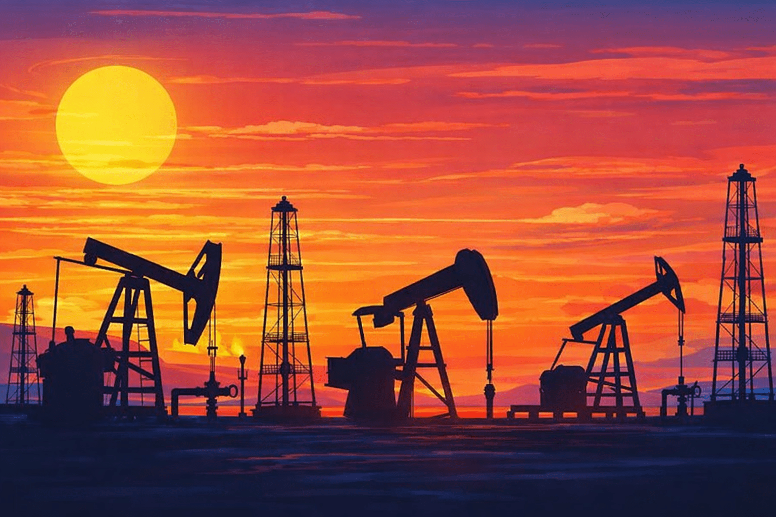 Operasi pengeboran minyak saat matahari terbenam